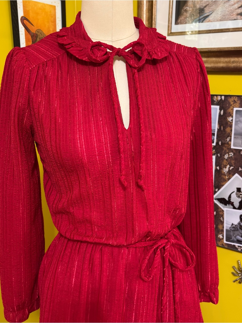 Vintage Red Long-Sleeve Ruffle Tie-Neck Dress Small Medium